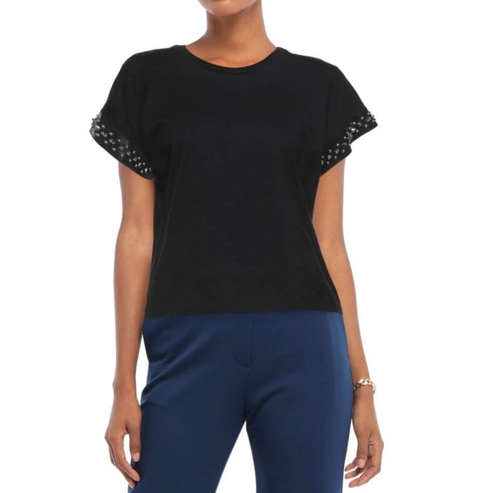 DSQUARED Black T-Shirt With Leather Studded Sleeves